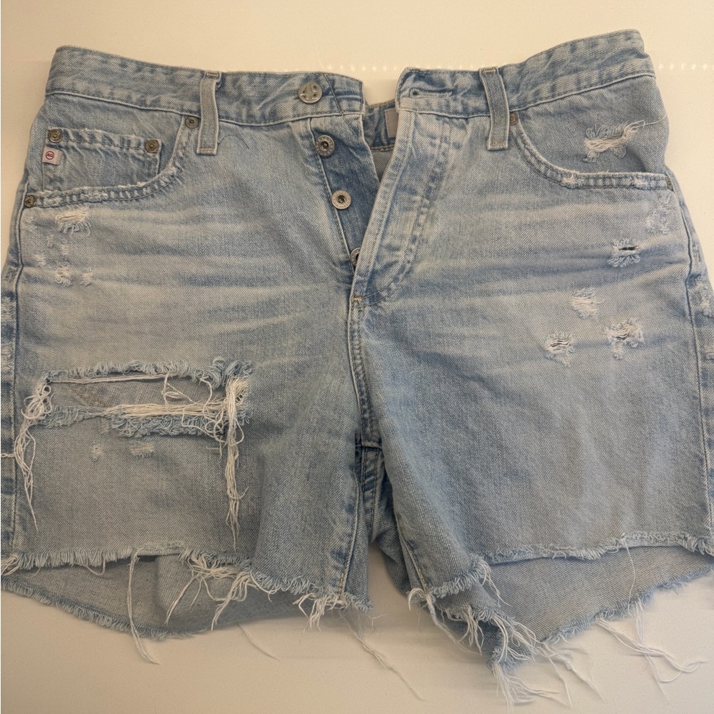 AG Adriano Goldschmied Light Blue Distressed Jean Shorts